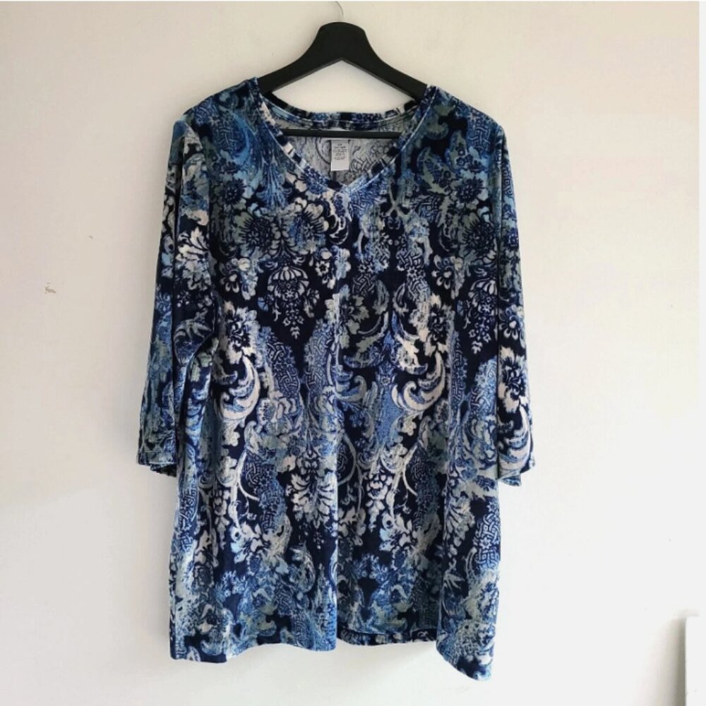 Catherines Velour Top Blouse 0X 14W / 16W Blue Floral Casual Scroll Tunic